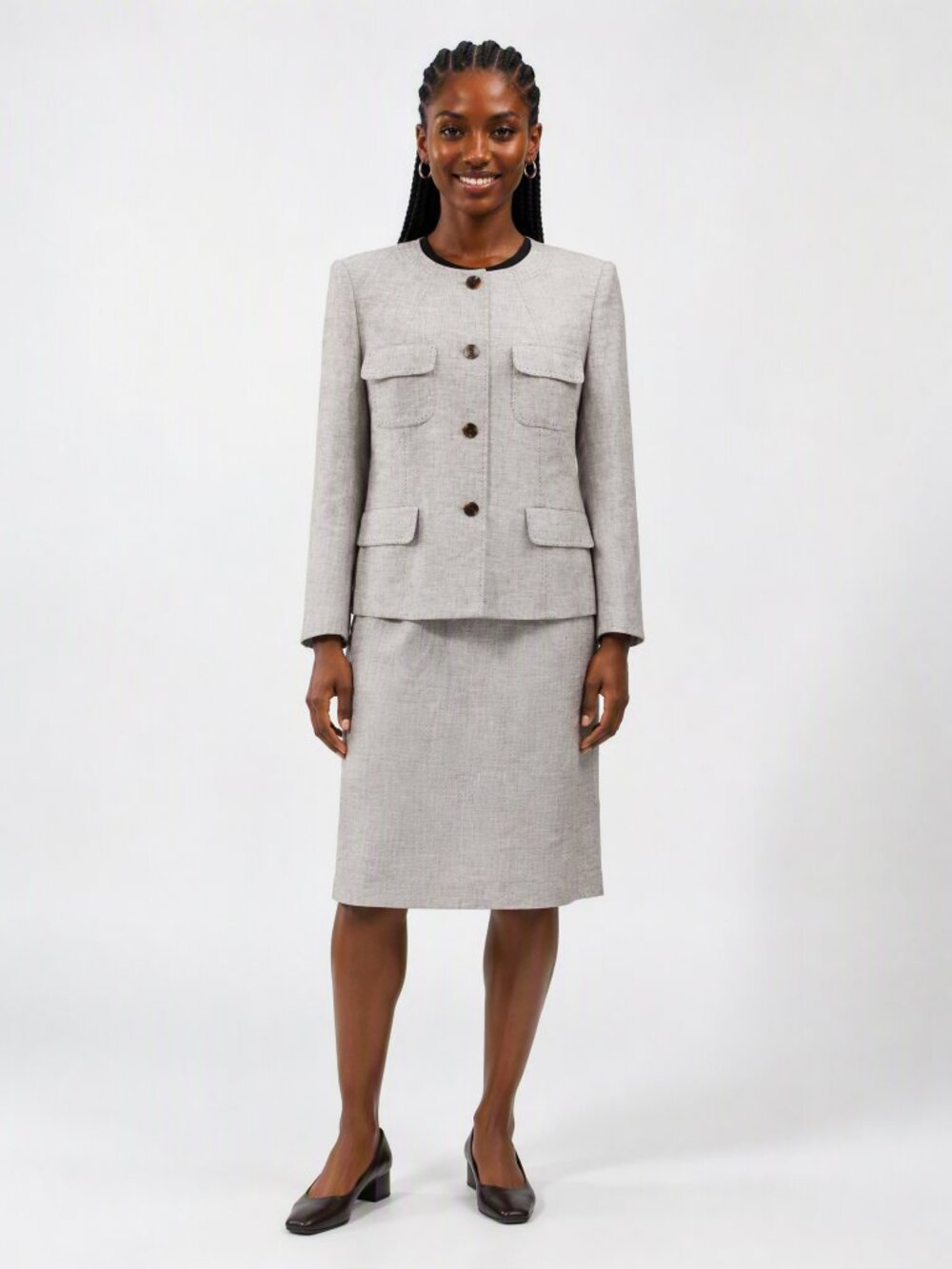 Kasper Classic 100% Linen Womens Skirt Suit Brown White 14